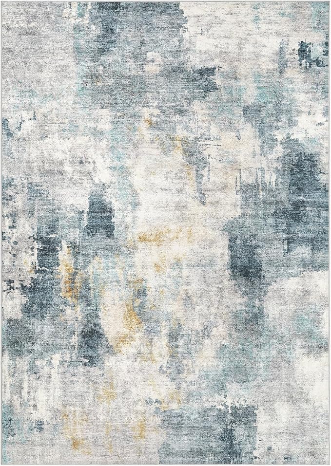 Tortania Washable 8x10 Area Rug for Living Room: Modern Abstract Neutral Large Soft Thin Rugs - Non Slip Indoor Carpet for Bedroom Dining Room Office Nursery Home Floor Decoration - Blue