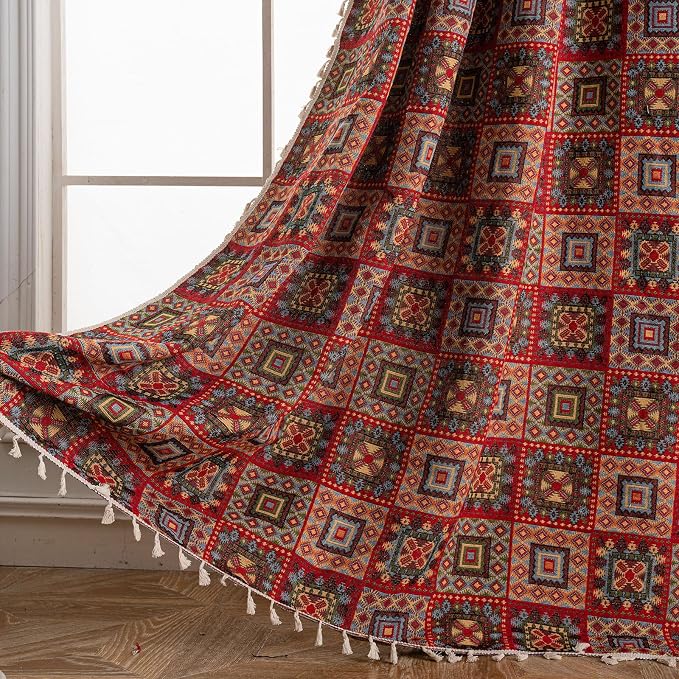 ENJOYBRIDAL Patchwork 63 Inch Curtains for Living Room Boho Drapes Bedroom Jacquard Bohemian Short Window Curtains 2 Panel Sets Semi Sheer Rod Pocket Red Cute Geometric Patterned Window Treatments