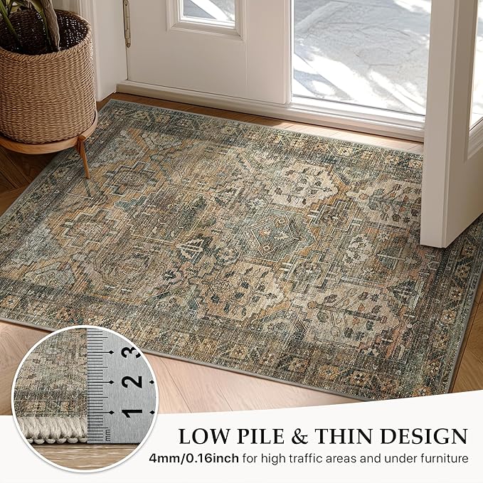 GENIMO 8x10 Area Rugs for Living Room, Machine Washable Non Slip Vintage Rugs, Low Pile Lightweight Chenille Print Rug for Bedroom, Dining Room, Home Office, WarmTaupe