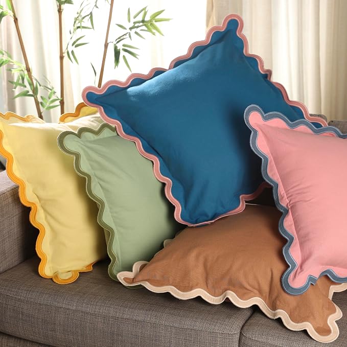 Folkulture Throw Pillow Covers 20x20 Set of 2 | Cotton, Boho, Cute Sage Green Pillow Covers for Couch | Aesthetic, Preppy Scalloped Pillow Cover for Sofa Living Room| Decorative Spring Pillow Cover