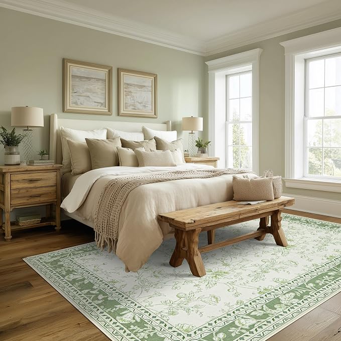 Sage Green Area Rugs 8x10 for Living Room Boho Washable Large Floral Floor Covering, 8 x 10 Cream Beige Green Rugs Bedroom Dining Room, Non Slip Farmhouse Floor Carpet for Kids Playroom Dorm Nursery