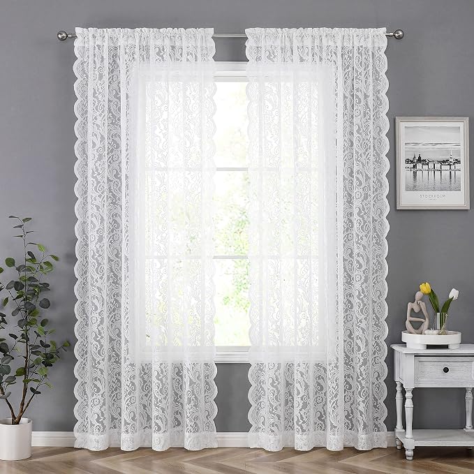 Bujasso White Lace Sheer Curtains Floral Vintage Window Curtain Panels 102 inch for Living Room Bedroom Light Filtering White Lace Drapes Window Treatment Sets Rod Pocket 2 Panels 54" Wx102 L
