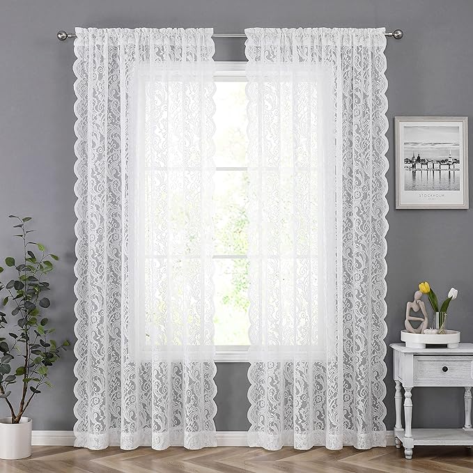 Bujasso White Lace Sheer Curtains 108 inch Vintage Floral Sheer Window Curtain Panels for Living Room Bedroom Elegant Light Filtering White Drapes Window Treatment Set Rod Pocket 2 Panels 54" Wx108 L