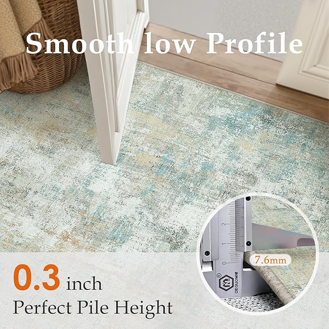 8x10 Washable Area Rug Teal Beige Abstract Non Slip Soft Low Pile Rug for Living Room Bedroom Dining Room Office Neutral Modern Indoor Throw Carpet for Home Decor
