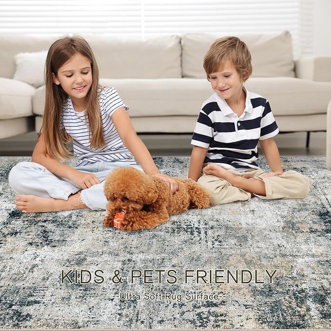 Washable Rug 6x9 Area Rugs: Soft Large Living Room Rug with Anti-Slip Backing Non-Shedding Stain-Resistant Modern Abstract Carpet for Bedroom Dining Room Nursery Home Office Black Grey Brown
