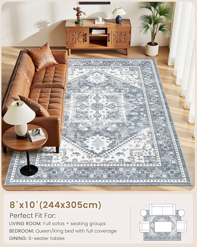 8x10 Vintage Area Rug: Washable Neutral Soft Non Slip Thin Large Floor Carpet for Living Room Bedroom Kitchen Dining Room Home Office Farmhouse Indoor - Blue