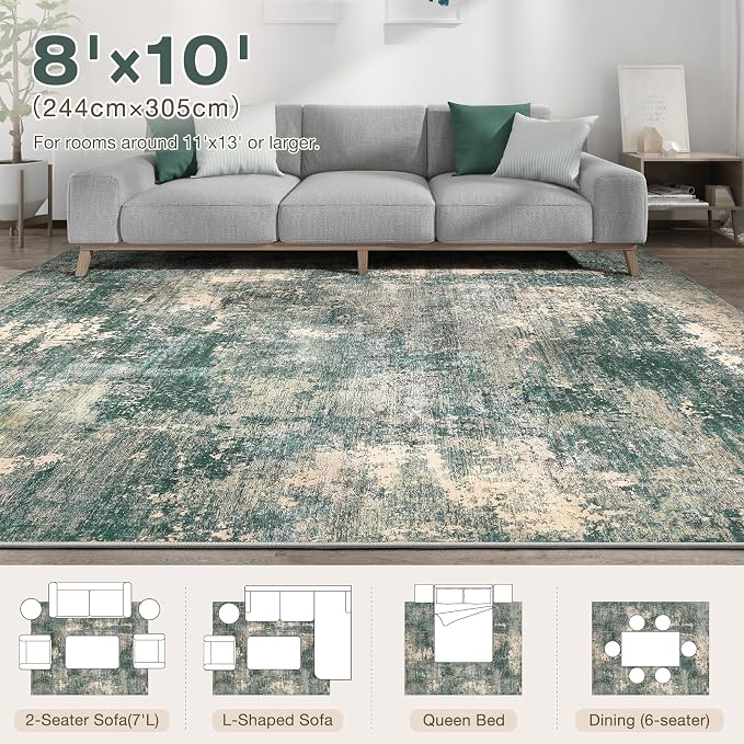 Abstract 8x10 Area Rug: Machine Washable Non Slip Ultra Thin Low-Pile Carpet, Soft Stain Resistant for Living Dining Room Bedroom, Kid Pet Friendly, Robot Vacuum Compatible - Dark Green/Beige