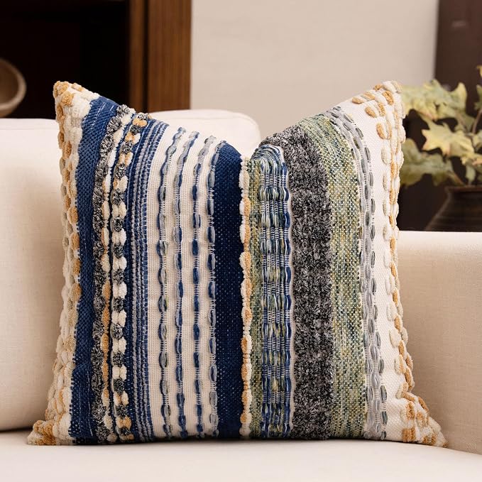 Boho Chenille Tufted Throw Pillow Covers 18x18 Inch Set of 2 Farmhouse Mixed Blue Woven Striped Decorative Pillowcases for Couch Sofa Bed