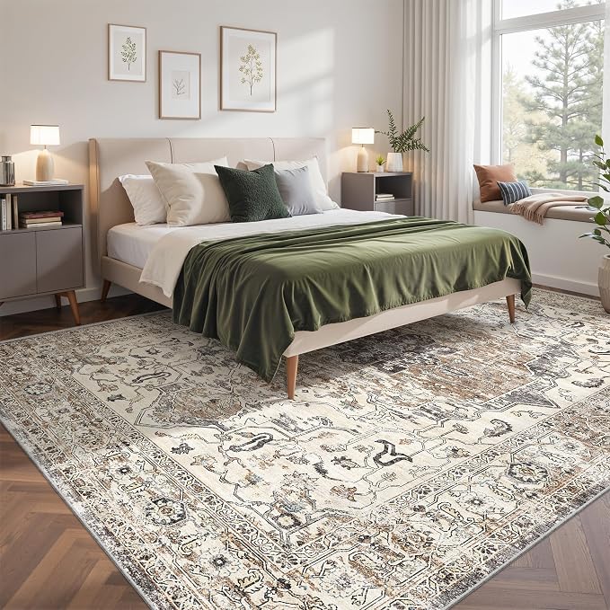 befbee 8x10 Area Rugs for Living Room, Stain Resistant Neutral Washable Rugs for Dining Room, Floral Vintage Non-Slip Thin Large Size Area Rug (Brown/Grey)