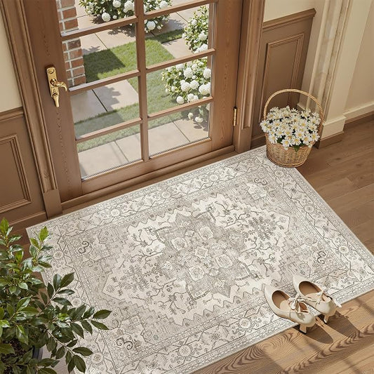 Madane Washable Entry Rug 3x4 Area Rugs for Entryway Kitchen, Beige/Brown | Vintage Printed Door Mat Indoor Entrance, Low-Pile Floor Carpet Runner for Inside Front Bedroom Kitchen Entry Laundry, Stair