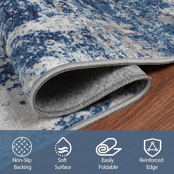 9x12 Area Rugs for Living Room Rug Washable: Abstract Large Rug for Dining Room Bedroom Carpet Non Slip 9 by 12 Indoor Modern Nursery Home Office Blue Grey White