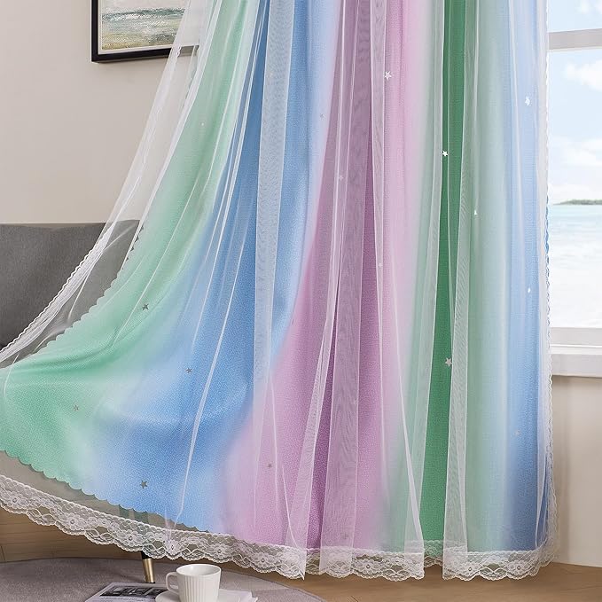 XiDi Curtains for Bedroom Decor, Rainbow Green PurpleBlue34/54/1