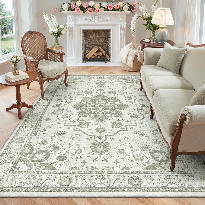 Madane 6x9 Area Rugs for Living Room, Machine Washable Vintage Green Rug with Non-Slip Backing, Soft Throw Rug, Thin Carpet for Bedroom Dining Room Farmhouse Under Table, Green/Ivory
