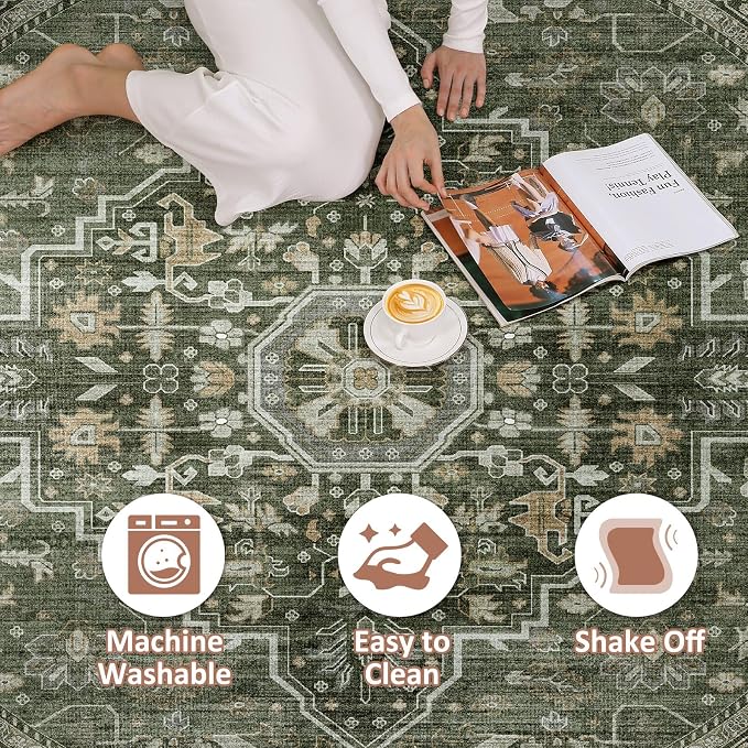 Round Rug Living Room Rugs: 10x10 Washable Boho Neutral Large Circle Soft Indoor Floral Stain Resistant Floor Farmhouse Carpet for Bedroom Nursery Kids Playroom Office Dining Room- Dark Green