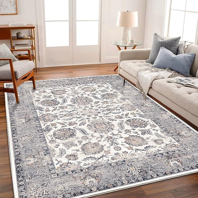 CHAMPLANT Washable Area Rug 5x7 Retro Boho Chic Medallion Distressed Design Living Room Indoor Non-Slip Large Oriental Accent Throw Rug for Kitchen Bedroom Office Carpet