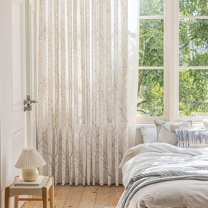 FMFUNCTEX Linen Semi Sheer Curtains for Bedroom, Yellow White Curtains 108 Inches Long for Living Room, Grey Tree Branch Print Curtain Light Filtering Extra Long Window Drapes, Grommet Top 2 Panels