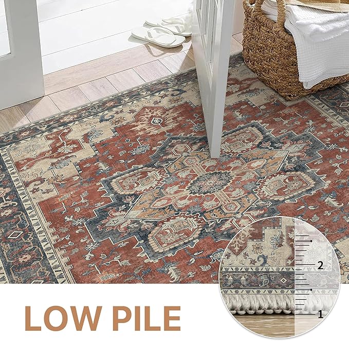 GENIMO 5FT Round Area Rugs for Living Room, Circle Rugs Machine Washable Low Pile, Non Slip Vintage Rug for Bedroom, Dining Room, Home Office, Bordeaux