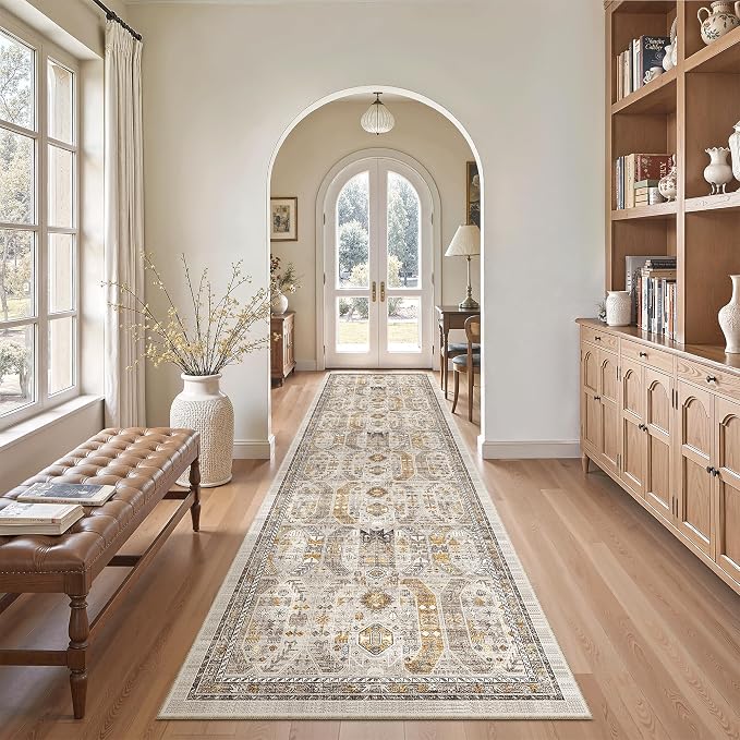 Madane Hallway Runner Rug 2'6''x10' Kitchen Runners Vintage, Brown/Gold | Non-Slip Washable Wide Rugs 2.5x10 Ft for Entryway Laundry and Bedroom, Low-Pile Stain-Resistant 10ft Floor Carpet