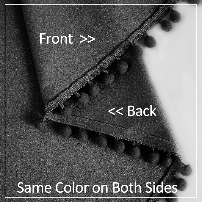 Pompom Blackout Window Curtains 54 Inch Black Thermal Insulated Curtain Drapes for Small Laundry Basement Room Thermal Insulated Curtain Set 2 Panels