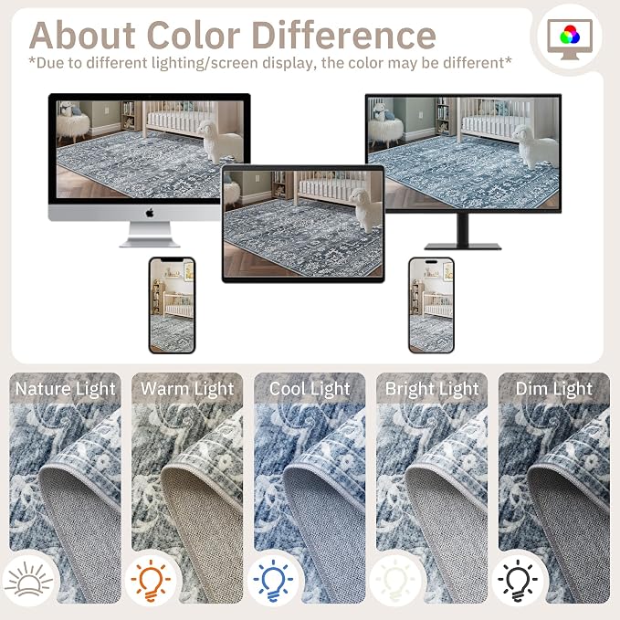 Soalmost 8x10 Area Rugs for Living Room, Washable Bedroom Soft Rug Blue | Vintage Floral Non-Slip Low Pile Stain Resistant Throw Large Neutral Carpet for Dining Room Kitchen Home Office 8'x10'