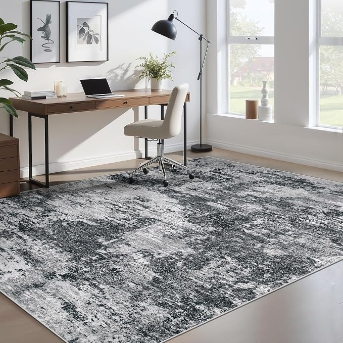 pmtsns Area Rugs 6x9 for Living Room: Washable Rug Modern Abstract Neutral Soft Non-Slip Low-Pile Indoor Carpet for Bedroom Dining Room Playroom Home Office (Black Grey, 6'x9')