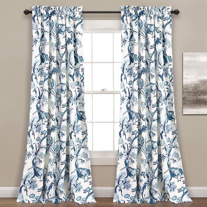 Lush Decor Dolores Light Filtering Window Panels, Pair, 52" W x 108" L, Blue - Floral Curtains for Bedroom - Vintage Curtains - Coquette Room Decor