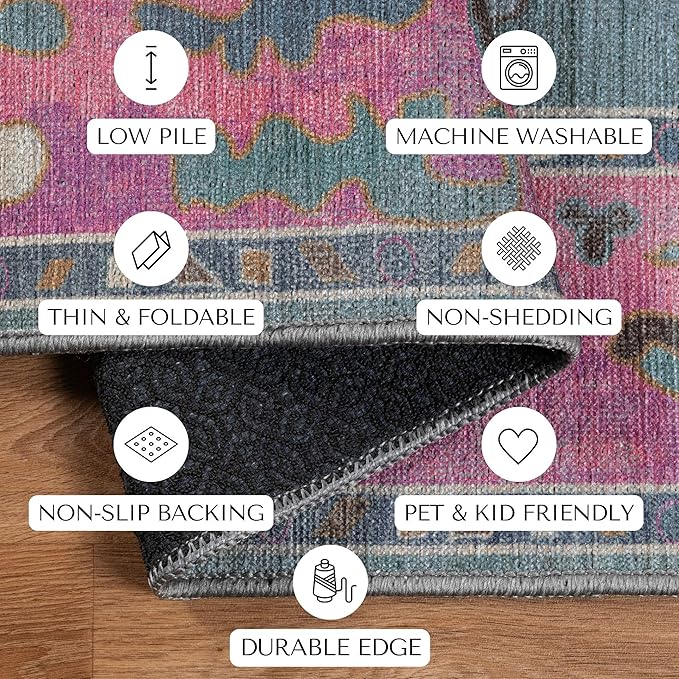 Green Pink Oushak Long Hallway Runner Rug 2'5x12' - Boho Washable Non-Slip Runner Rugs, Vintage Turkish Eclectic Extra Long Runner Rugs for Hallway Kitchen Entryway Foyer Corridor