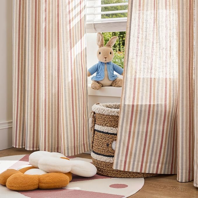 jinchan Linen Curtains 84 inch Red Stripe for Kids Room Grommet 2 Panels | Kids Curtains for Nursery Living Room Bedroom Baby Boys Room,Cute Colorful Ticking Stripe,Cottagecore Rustic,Light Filtering