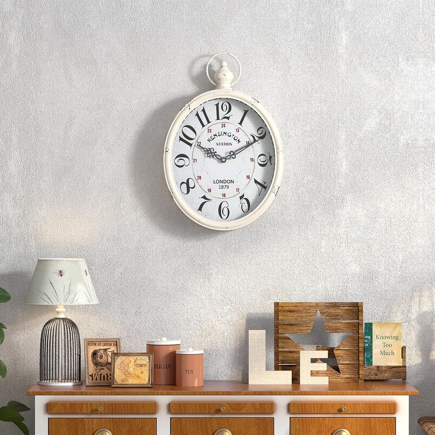 Menterry Oval Retro Wall Clock, Rustic Vintage Style, White Antique Design, Battery Operated Silent Decor Large Wall Clocks for Kitchen,Farmhouse,Office (15.5" H x 10.5" W)