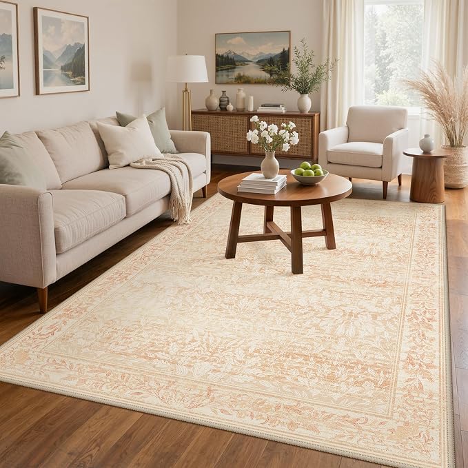 GENIMO 8x10 Washable Area Rugs for Living Room, Non Slip, Pink | Vintage Boho Floral Low Pile Thin Carpet for Bedroom, Dining Room, Nursery, Indoor Decor