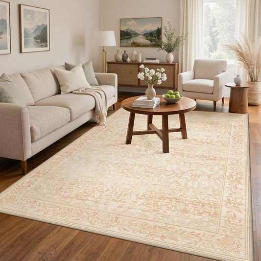 GENIMO 6x9 Washable Living Room Area Rug, Non Slip, Pink | Vintage Boho Floral Low Pile Thin Carpet for Bedroom, Dining Room, Nursery, Indoor Decor