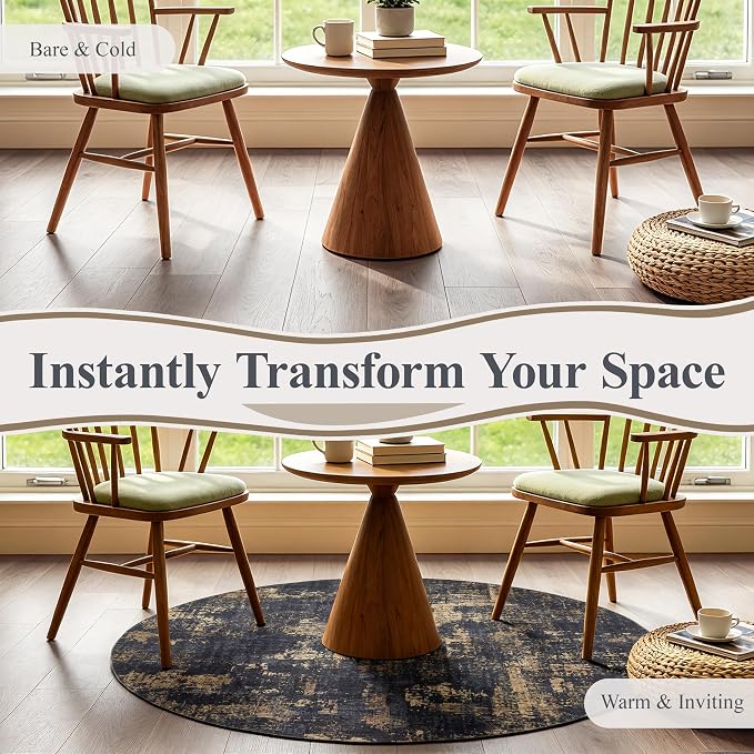 Sasttie 8ft Soft Round Area Rug, Modern Abstract Washable Large Circle Carpet for Living Room, Bedroom, Dining Room Table, with Non-Slip Backing, Black and Gold