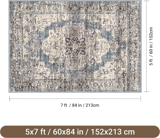 befbee 5x7 Area Rugs for Living Room, Stain Resistant Neutral Washable Rugs for Dining Room, Floral Vintage Non-Slip Thin Large Size Area Rug (Blue/Black)