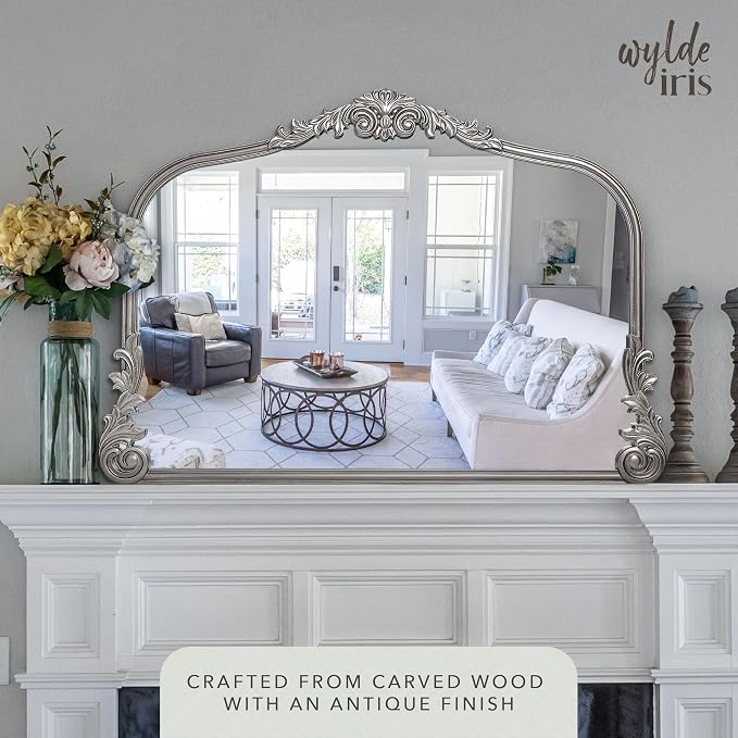 Wylde Iris English Estate Carved Arch Wood Wall Mirror, Mirror for Entryway, Living Room, Bathroom, Antique Silver, 26x37
