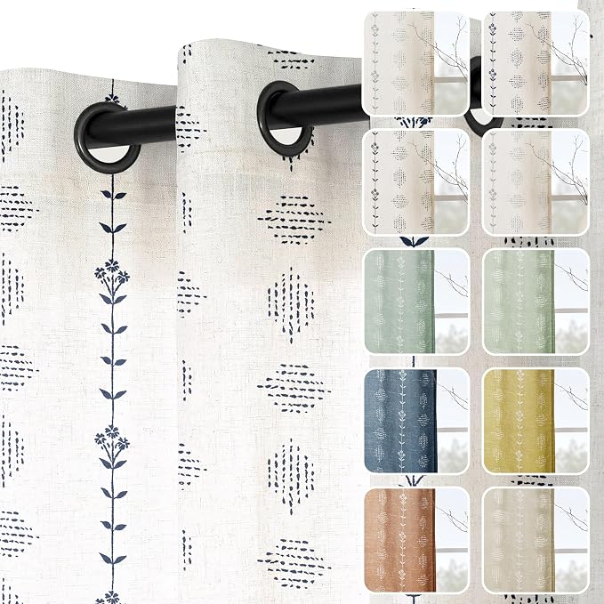 Navy Blue Striped Floral Curtains, Coastal Boho Farmhouse Linen Patterned Sheer Masculine Drapes for Living Room Bedroom, 96 Inches Long 2 Panel Set