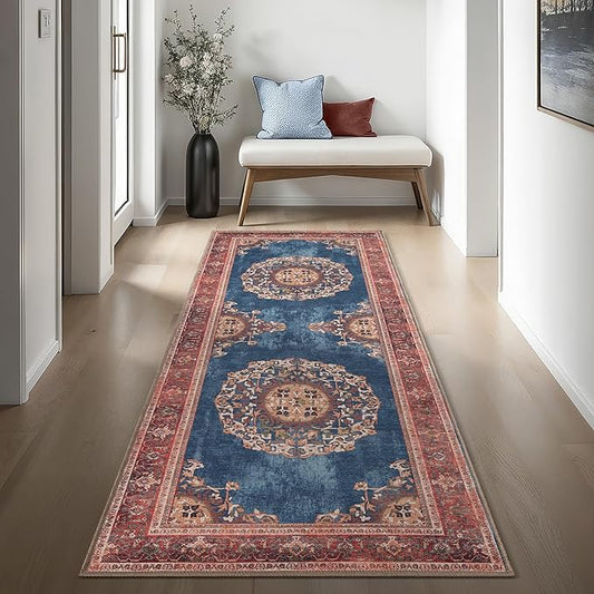 Navy Blue Brick Oushak Runner Rug Hallway 2'5x7' - Traditional Washable Vintage Turkish Pastel Runner with Rubber Backing, Short Runner Rug for Entryway, Laundry, Bedroom, Kitchen, Bathroom