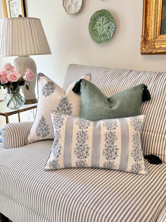 Jillien Harbor “The Juliet” Floral Block Print Pillow Cover – Soft Blue and Off-White Decorative Throw Pillow Cover – Grandmillennial Home Decor, 12"x20"