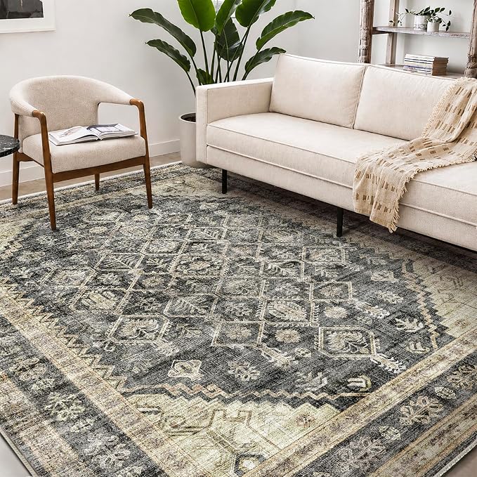CHAMPLANT Washable Area Rug 9'x12' Retro Boho Design Non-Shedding Easy Care Ideal for High Traffic Areas in Living Room Bedroom Office Coffee Table Kitchen Large Carpet