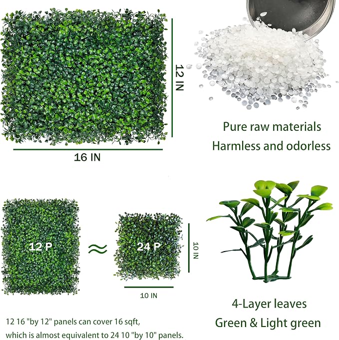 ODTORY Artificial Grass Wall Backdrop Panels,16 X 12 in 12P(16 sqft) UV-Anti Greenery Boxwood Panels for Indoor Outdoor Green Wall Decor & Ivy Fence Covering Privacy | UV-Anti, Faux Boxwood Hedge Fence, 4-Layer Leaves, Garden/Backyard/Balcony Privacy S...