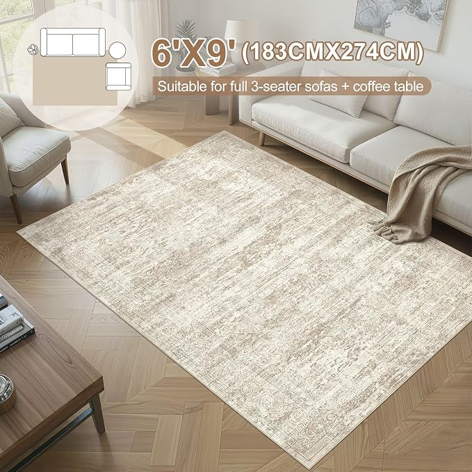 DMOYEST Area Rug Living Room Rugs - 6x9 Abstract Large Soft Indoor Washable Rug Neutral Modern Low Pile Carpet for Bedroom Dining Room Farmhouse Home Office - Vintage Beige