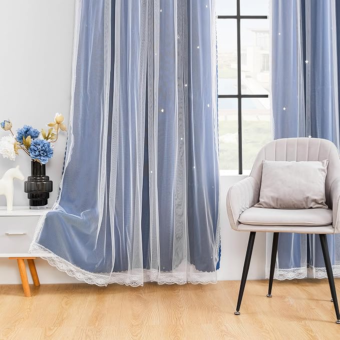 XiDi Black Out Curtains for Bedroom, Double Layer, Unicorn Pattern, Navy Blue