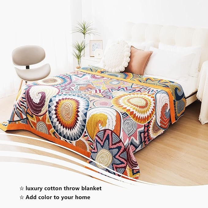 VANJOROY Boho Throw Blanket, 100% Organic Muslin Cotton Skin-friendly Breathable Ultra Soft Bed Quilt Throw - All Season Bohemian Decor Luxury Colorful Blanket for Sofa Couch Chair and Gift. 60" x 80"