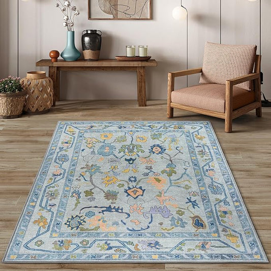 Blue Oushak Area Rug 4x6 - Washable Vintage Turkish Floor Cover Foldable Thin Throw Rugs Carpet Floral Pastel Area Rugs for Living Kids Room, Dining, Bedroom, Office, Entryway, Foyer, Nursery