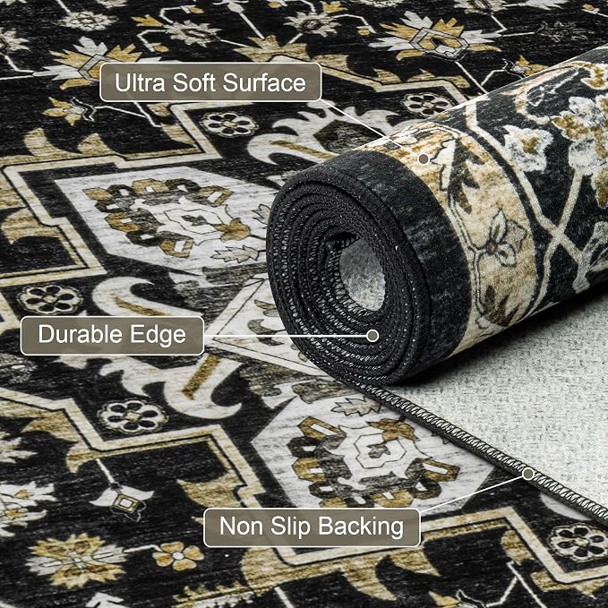 Round Area Rug for Living Room: 4 ft Washable Vintage Boho Soft Thin Circle Rug Indoor Floor No Slip Stain Resistant Carpet for Bedroom Dining Room Farmhouse Nursery Home Office - Black Gold