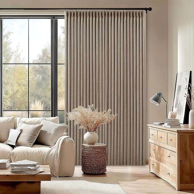 Greige Flax Linen Pinch Pleated Blackout Curtains 86 Inches Long for Bedroom Living Room Darkening 100% Black Out Pinch Pleat Drapes with Liner Farmhouse Neutral 86 Inch Curtain for Dining Room