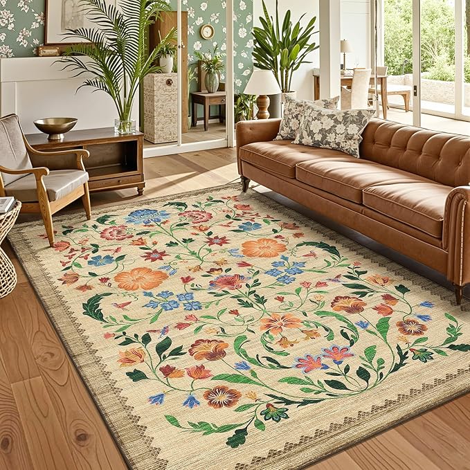 GarveeHome Washable Rug 5x7 Area Rugs for Living Room, Floral Rug for Bedroom, Soft Boho Non Slip Throw Rugs with Rubber Back, Low Pile Stain Resistant Vintage Floral Carpet for Dining Room, Beige