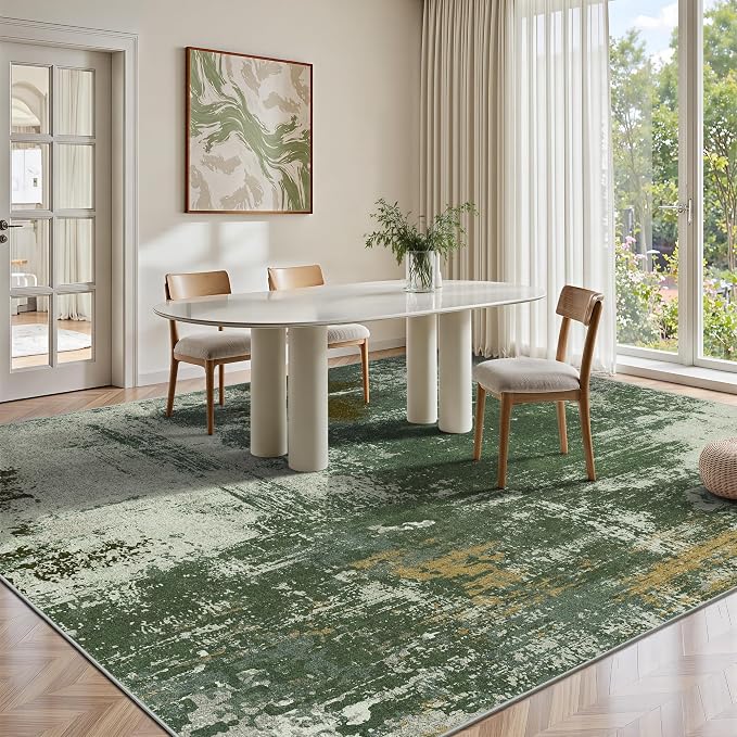 8x10 Rugs for Living Room - Modern Abstract Washable Rug, Ultra Soft Non Slip Low Pile Large Rugs, Floor Carpet for Bedroom Dining Room Office Laundry Nursery Home(Green)