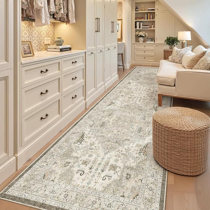Madane Hallway Runner Rug 3x10 Washable Kitchen Runners 10ft, Ivory/Brown | Vintage Non-Slip Entryway Area Rugs Indoor, Soft Low-Pile Farmhouse Wide Floor Carpet for Bathroom Living Room Bedroom Foyer