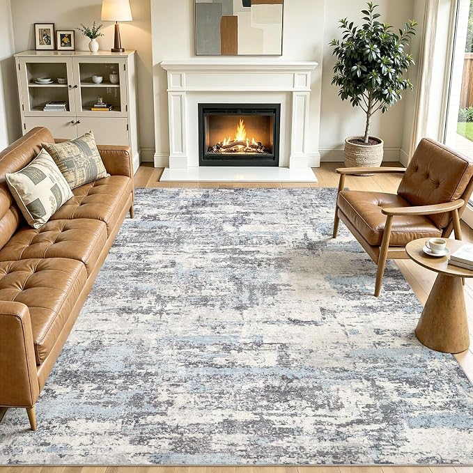 Area Rugs for Living Room: 8x11 Abstract Washable Rug Modern Neutral Large Soft Stain Resistant Non-Slip Backing Machine Table for Bedroom Dining Room Indoor Home Office Carpet - Blue Grey
