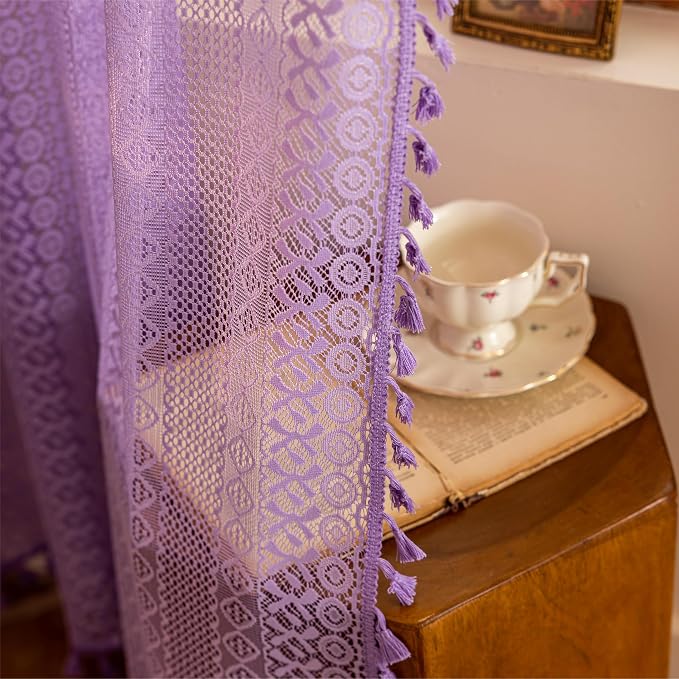 Sutuo Home Lavendar Sheer Boho Curtains 84 inches Long for Bedroom Living Room, Lace Purple Bohemian Tassels Vintage Crochet Privacy Window Curtains Drapes Farmhouse Decor, Rod Pocket 1 Panel 59" W